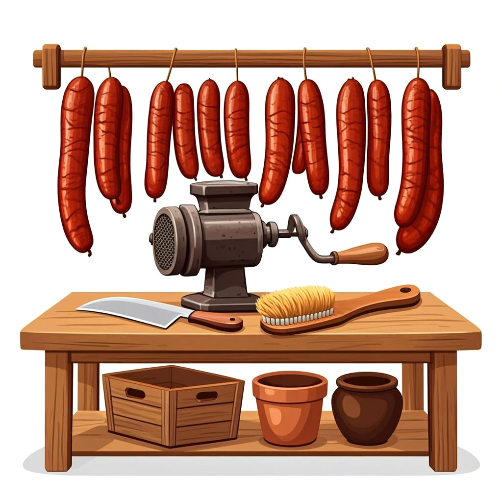 Illustration of Emil's first sausage workshop — hand-crank grinder, hanging links and a cleaver