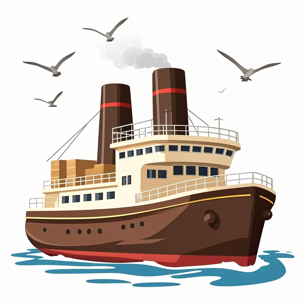 Illustration of a vintage steamship carrying a crate of Emil's sausages across the Atlantic