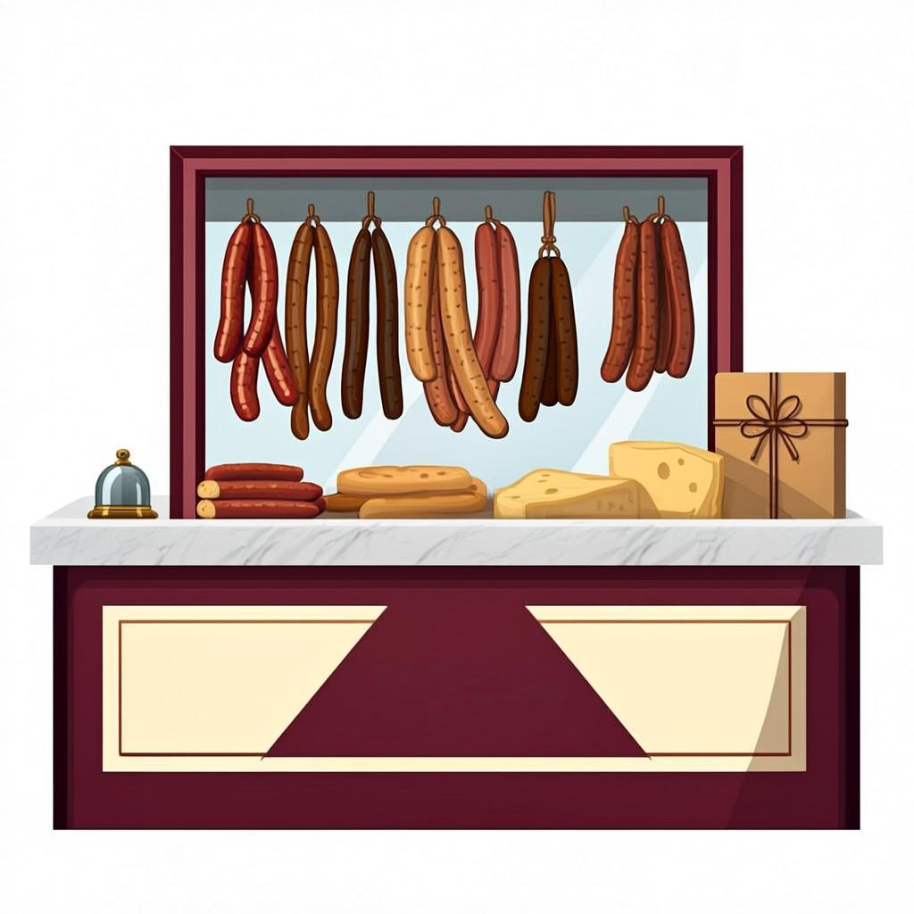 Illustration of the modern Emil's deli counter with a full display case and a wrapped parcel