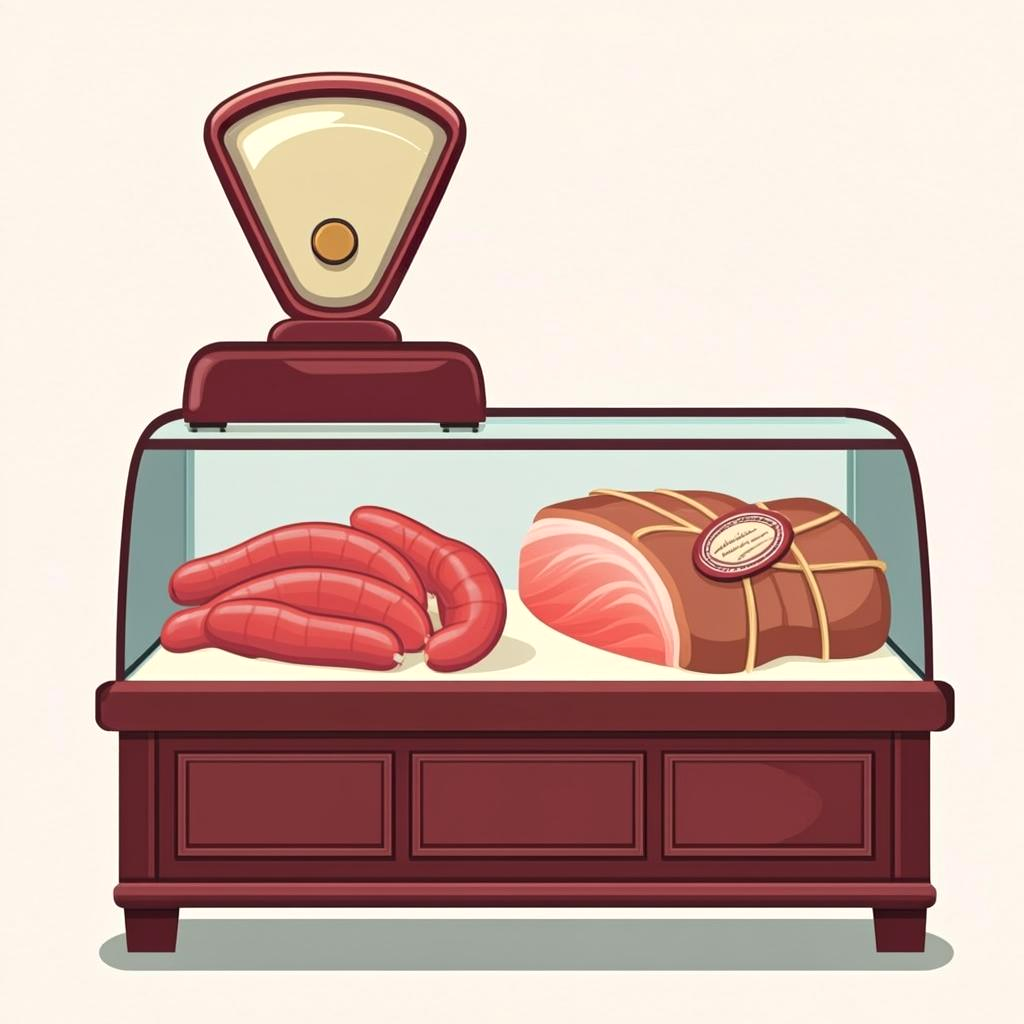 Illustration of a classic butcher shop counter with hanging links and hanging scales